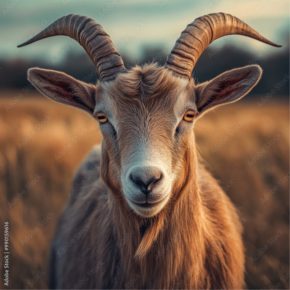 Fantasy standing goat, light brown hair and horn, long horn, pasture Fantasy standing goat, light brown hair and horn, long horn, pasture
