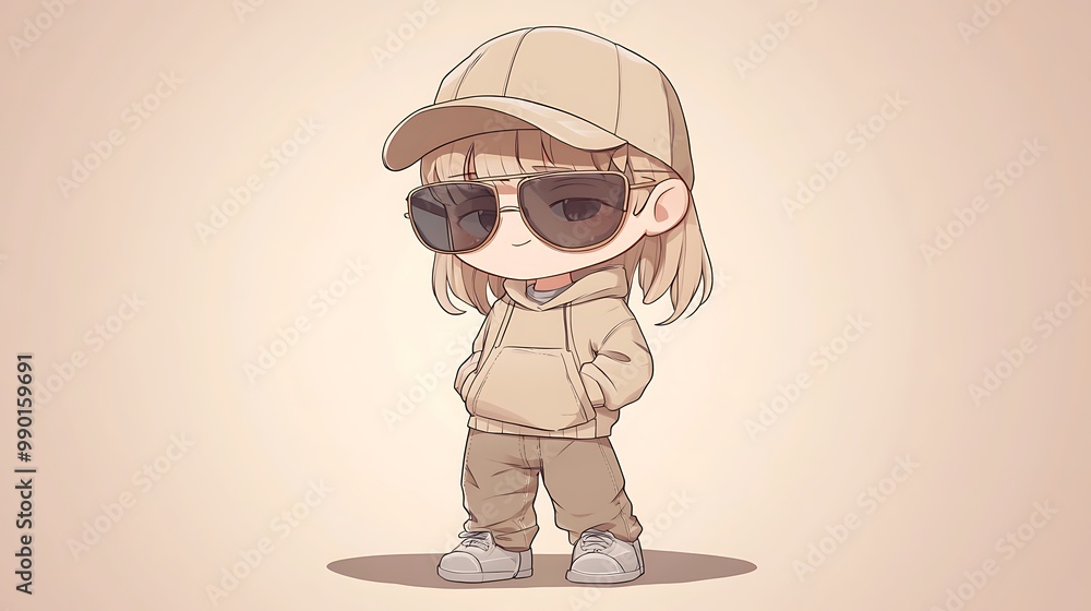 Cute Cartoon Illustration of a Girl Wearing a Cap, Sunglasses, and a Hoodie Cute Cartoon Illustration of a Girl Wearing a Cap, Sunglasses, and a Hoodie