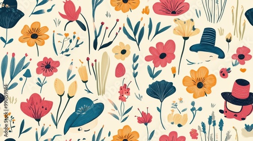 Colorful floral pattern featuring diverse flowers and hats on a light background during spring season for decorative use