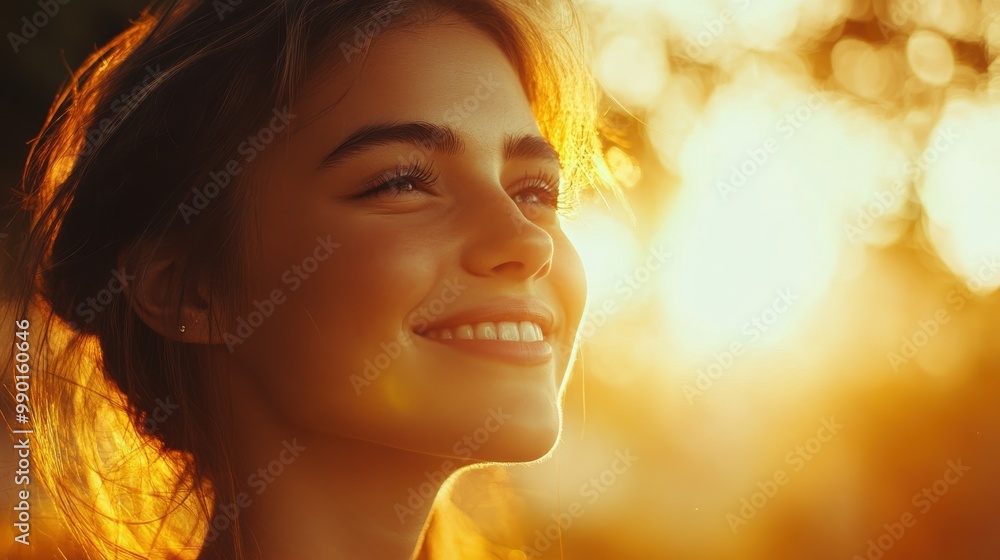 Fototapeta premium Young woman smiling brightly against a warm sunset backdrop, capturing a moment of joy and serenity in nature