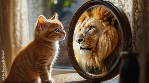 Cat looking at mirror and sees itself as a lion. Self esteem or desire concept.
