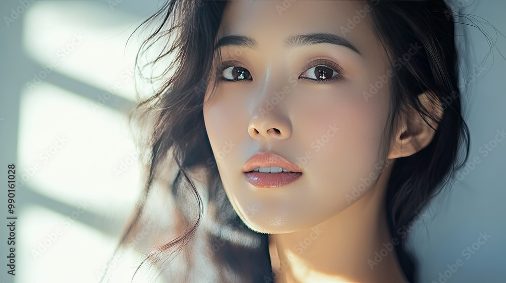 Asian woman with radiant, glowing skin and subtle makeup, captured in soft light, perfect for beauty and skincare ads emphasizing natural elegance and grace.