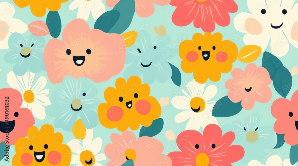 Cheerful floral pattern featuring smiling flowers on a light blue background, perfect for spring-themed designs or decorations Cheerful floral pattern featuring smiling flowers on a light blue background, perfect for spring-themed designs or decorations