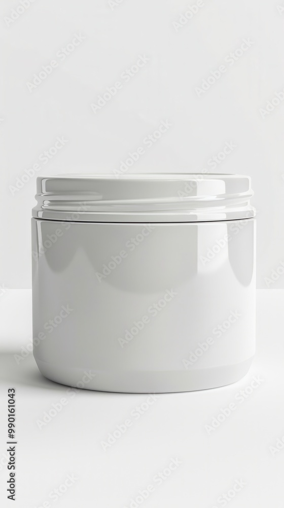 Glossy white jar on plain background suitable for storage or packaging products at a minimalistic setting Glossy white jar on plain background suitable for storage or packaging products at a minimalistic setting