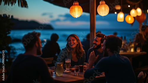 Lively evening gathering at a beachside restaurant with friends enjoying food and drinks