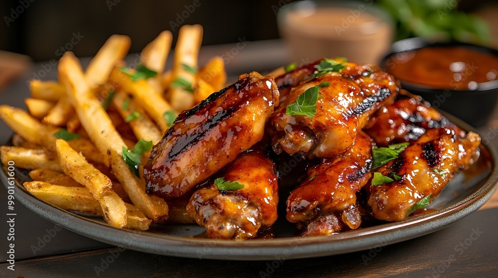 A hearty serving of wings and fries with sauce A hearty serving of wings and fries with sauce
