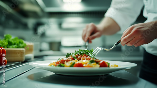 Chef prepares a gourmet pasta dish with fresh ingredients in a bustling restaurant kitchen setting