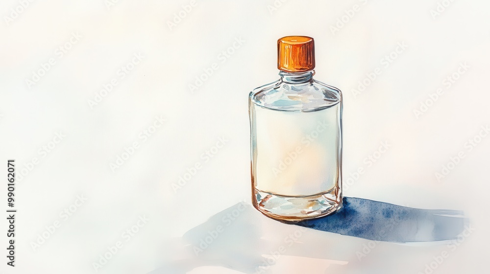 A clear glass bottle with an orange cap casting a soft shadow on a light surface in a minimalistic setting A clear glass bottle with an orange cap casting a soft shadow on a light surface in a minimalistic setting