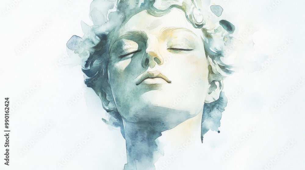 Fototapeta premium A serene sculptural bust with soft features emerges from a misty background in a tranquil artistic expression