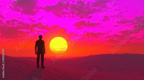 Lone Traveler in Colorful Sky at Sunset