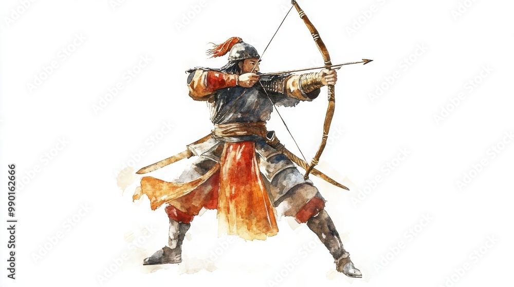 A skilled archer in traditional attire draws a bow, showcasing ancient martial prowess and discipline in a historic setting A skilled archer in traditional attire draws a bow, showcasing ancient martial prowess and discipline in a historic setting