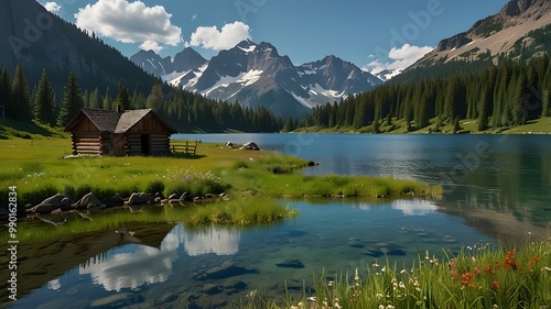 Mountain lake with a wooden house in the foreground. Lake in the mountains generated by AI