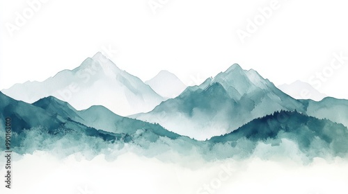 Serene watercolor mountains with misty valleys during a calm day in nature's tranquil landscape