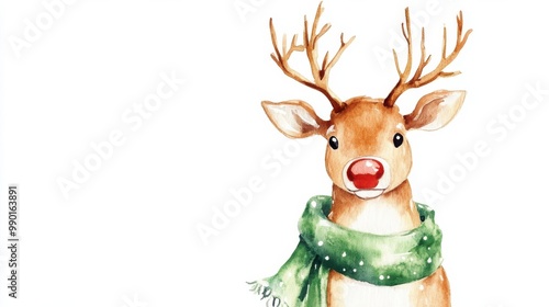 A cheerful reindeer with antlers and a green scarf, ready for the holiday season celebration