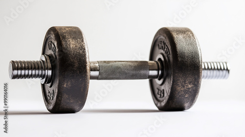 A close-up view of a classic black dumbbell resting on a flat surface in gym lighting