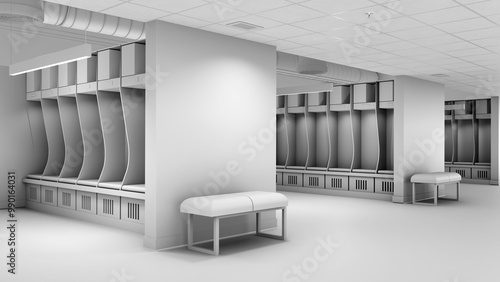 modern, minimalist locker room with gray tones. It features individual locker cubbies and padded benches. The room has a clean, open layout with overhead ventilation ducts and ceiling panels.