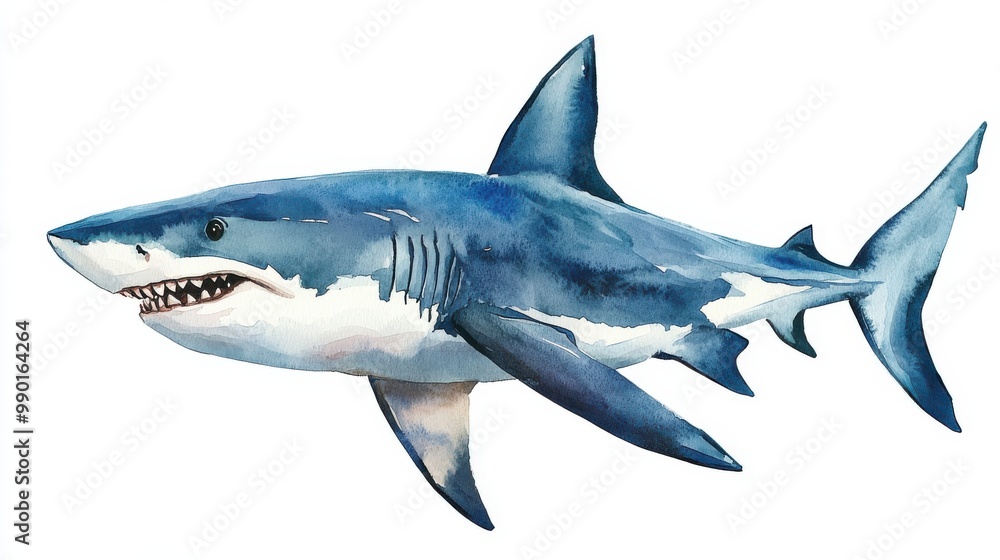 Fototapeta premium A detailed watercolor depiction of a great white shark swimming gracefully in ocean waters