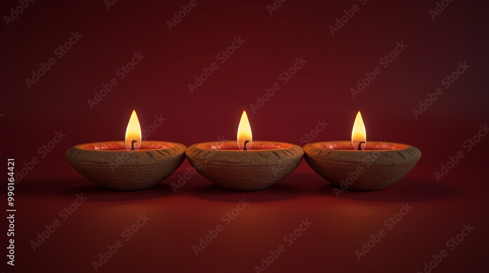 Happy Diwali - Clay Diya lamps lit during Diwali, Hindu festival of lights celebration. Colorful traditional oil lamp diya on red background Happy Diwali - Clay Diya lamps lit during Diwali, Hindu festival of lights celebration. Colorful traditional oil lamp diya on red background