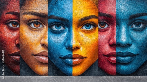 Colorful mural featuring diverse faces in vibrant hues. photo