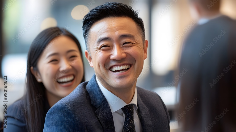Close-up of a Man in a Suit Laughing with a Woman in the Background Close-up of a Man in a Suit Laughing with a Woman in the Background
