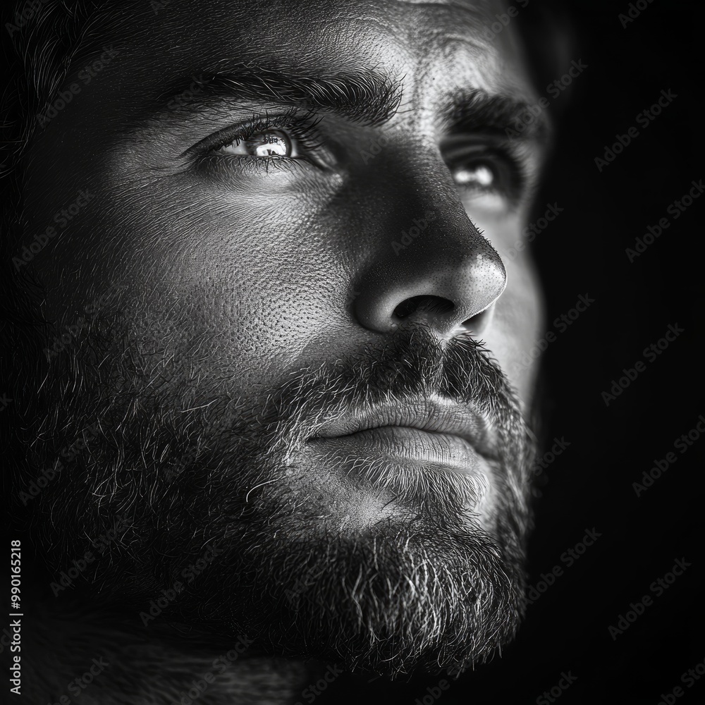 Black and white portrait of a young man. Black background. Close up