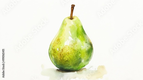 A detailed watercolor illustration of a ripe green pear on a white background showcasing its natural shape and shading