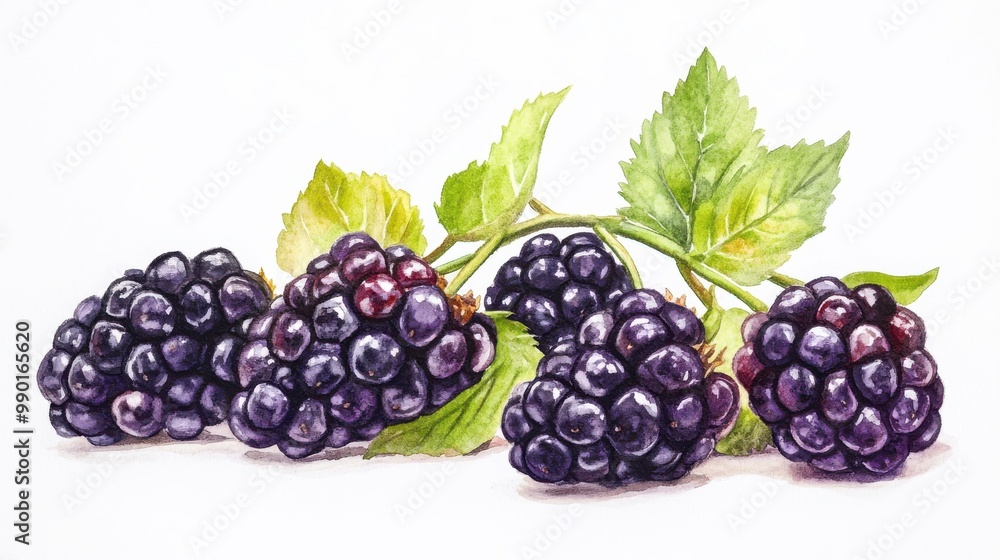 Freshly picked blackberries with green leaves resting on a white surface in bright lighting showcasing their rich color and texture Freshly picked blackberries with green leaves resting on a white surface in bright lighting showcasing their rich color and texture
