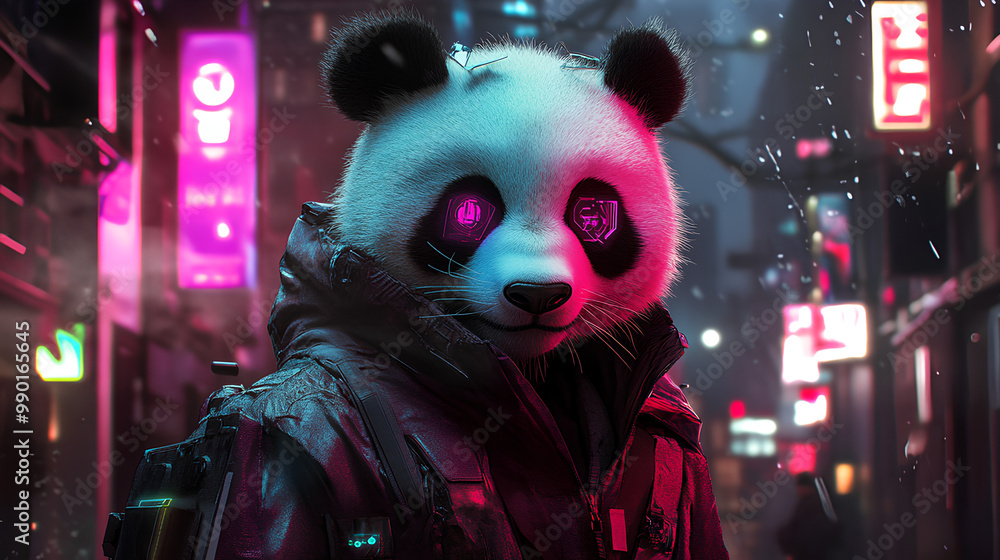 A futuristic panda character in a neon-lit urban environment. A futuristic panda character in a neon-lit urban environment.