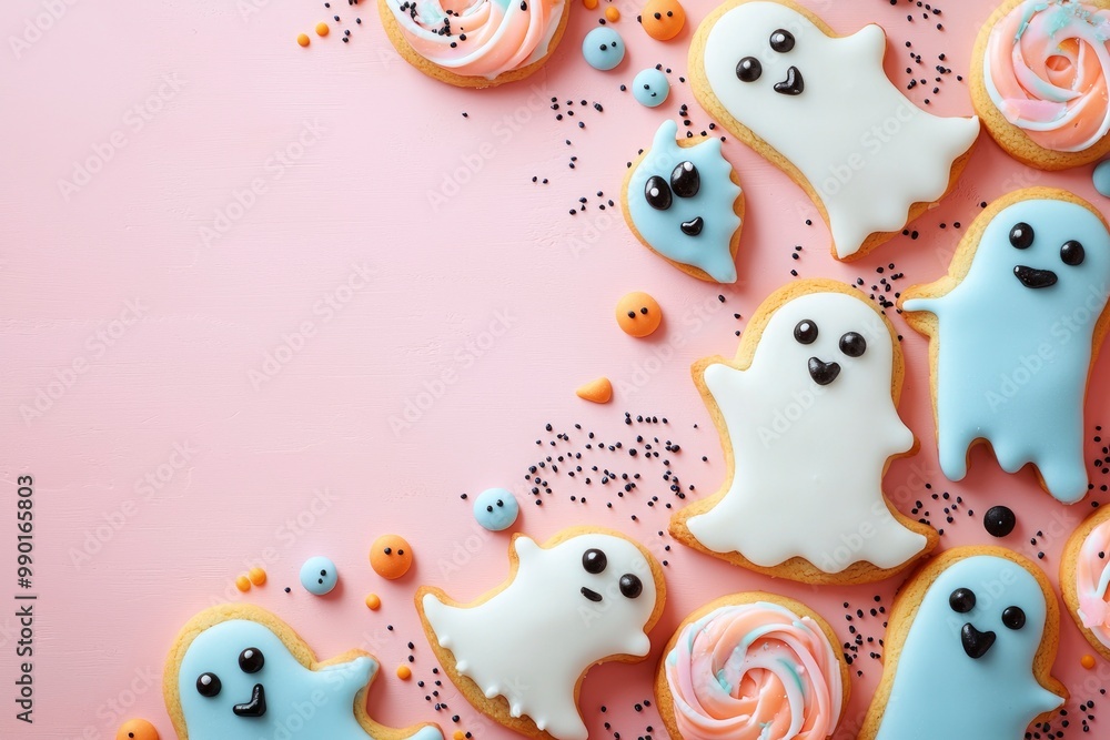 autumn, Halloween backdrop with decoration and cookies In form of ghosts on pink background. festive card, flyer, invitation concept.copy space autumn, Halloween backdrop with decoration and cookies In form of ghosts on pink background. festive card, flyer, invitation concept.copy space
