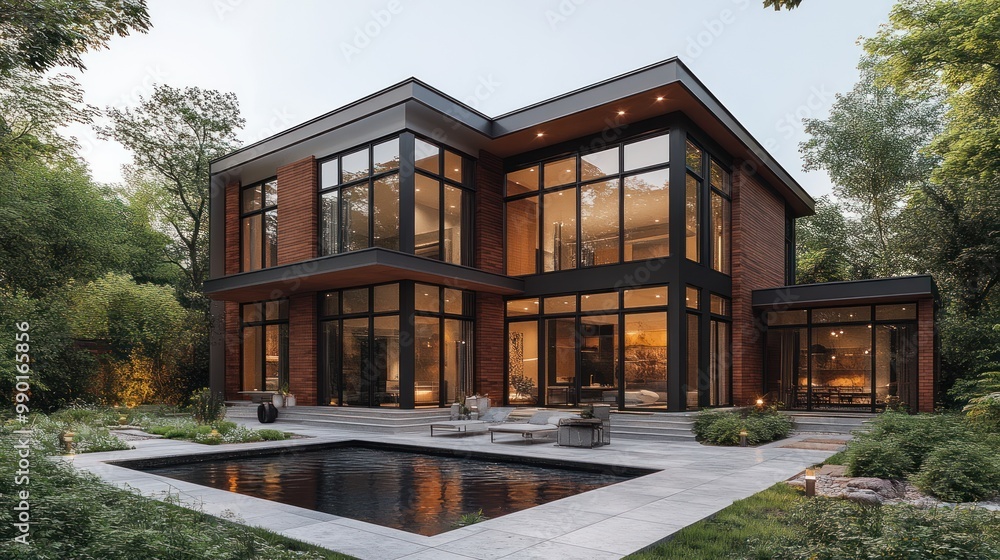 Modern two-story house with large windows and a pool. Modern two-story house with large windows and a pool.