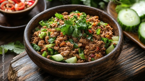 Bowl of spicy minced duck served with raw vegetables like lettuce, cucumber, and cilantro, all displayed on a rustic wooden surface. Perfect for Thai food and street cuisine themes.