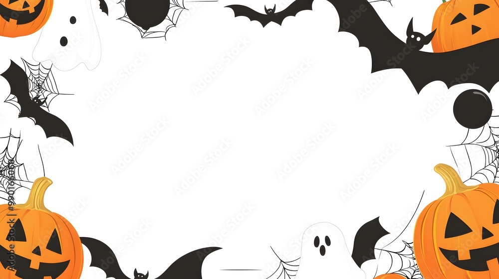 Decorative Halloween frame featuring playful bats, cheerful pumpkins, and spooky ghosts, designed in a minimalist vector style on a clean white background perfect for text overlay Decorative Halloween frame featuring playful bats, cheerful pumpkins, and spooky ghosts, designed in a minimalist vector style on a clean white background perfect for text overlay