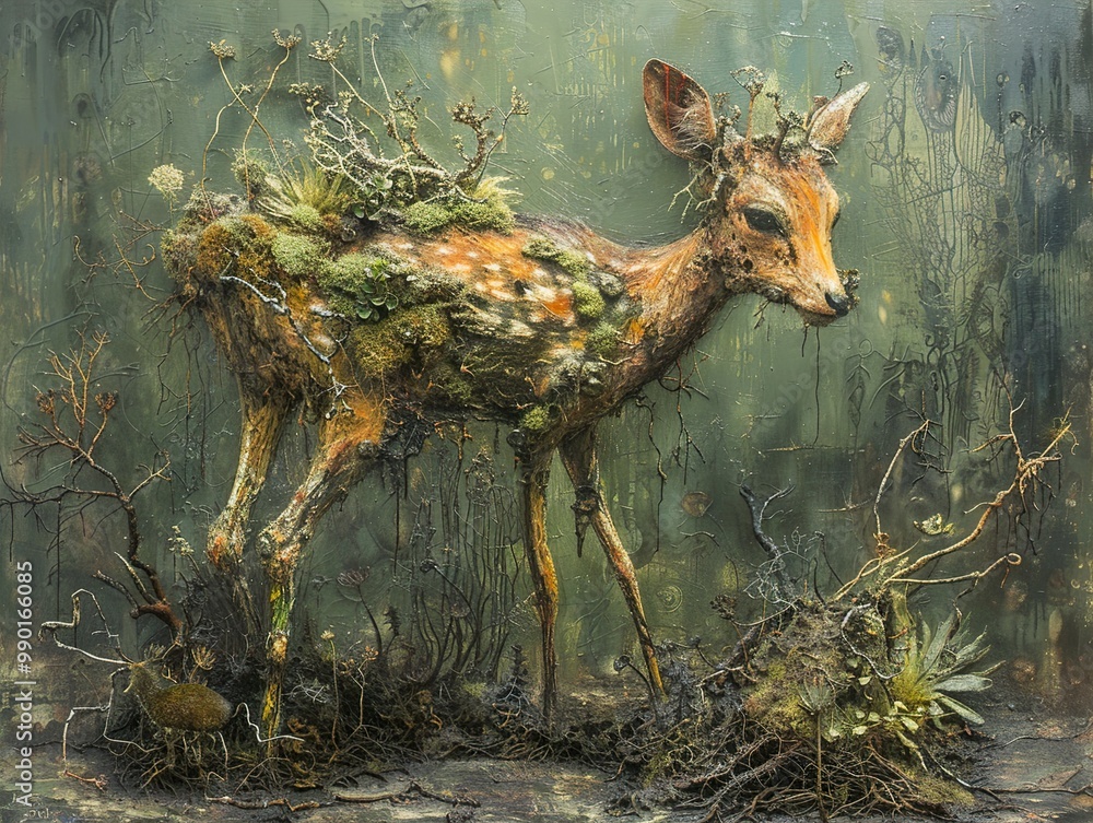 Fototapeta premium Surreal Deer Painting: Nature's Transformation