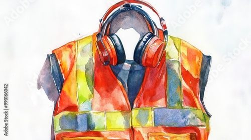 A vibrant watercolor illustration of a safety vest and headphones highlighting workplace safety equipment photo