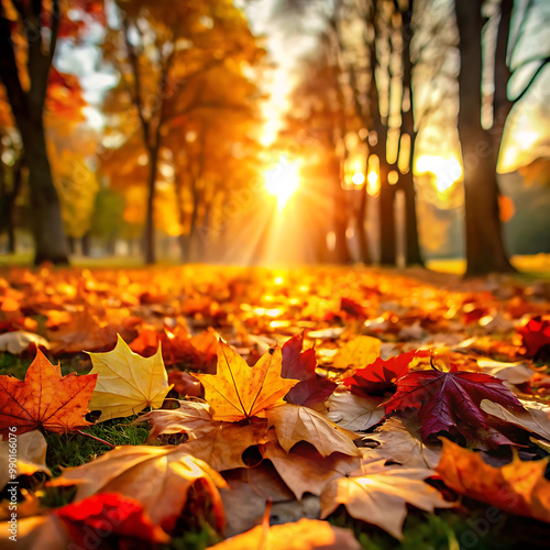 Collection of colorful autumn leaves scattered on the ground in a peaceful park setting
