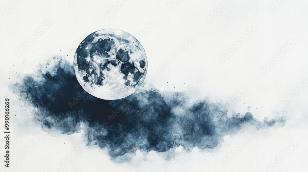 Fototapeta premium A serene night sky with a full moon illuminated by soft clouds in shades of blue and gray, creating a calming atmosphere