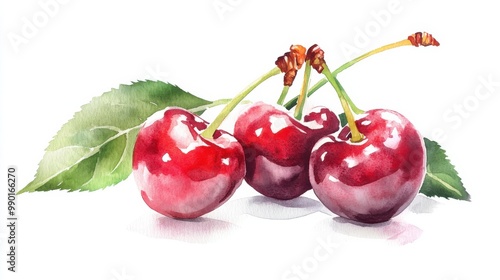 Fresh, vivid cherries on a white backdrop highlighting their glossy texture and natural leaves during a sunny afternoon