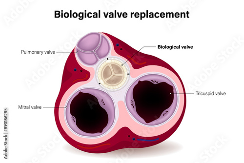 Biological valve. Aortic valve replacement. Heart anatomy vector. Heart valve repair.