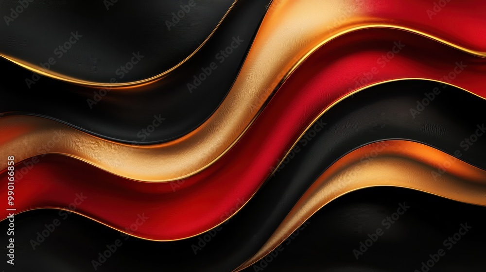 Elegant waves of black, red, and gold fabric flow gracefully in a modern artistic design during a vibrant celebration Elegant waves of black, red, and gold fabric flow gracefully in a modern artistic design during a vibrant celebration