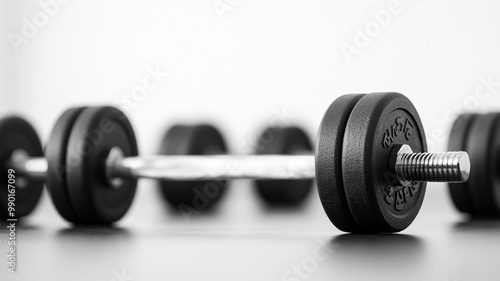 Heavy dumbbells arranged on a gym floor during early morning workout session