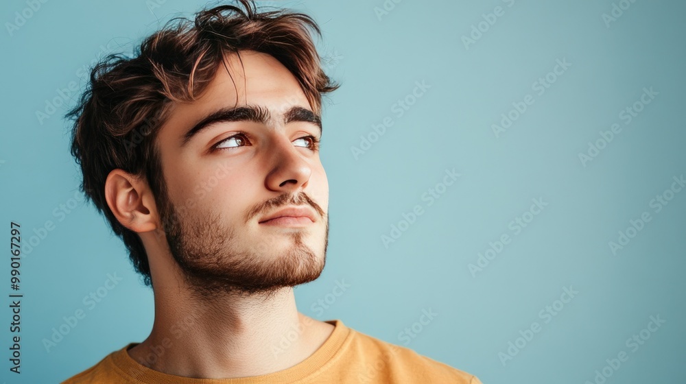 Casual young man looking sideways with a thoughtful expression, against a minimalist light blue backdrop, capturing a sense of quiet reflection and focus. Casual young man looking sideways with a thoughtful expression, against a minimalist light blue backdrop, capturing a sense of quiet reflection and focus.