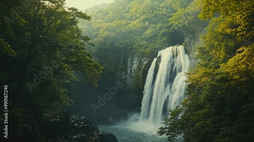 Captivating view of Sarubo Falls in Hyogo, Japan, with the waterfall tumbling down into a quiet forest clearing, perfect for nature lovers.