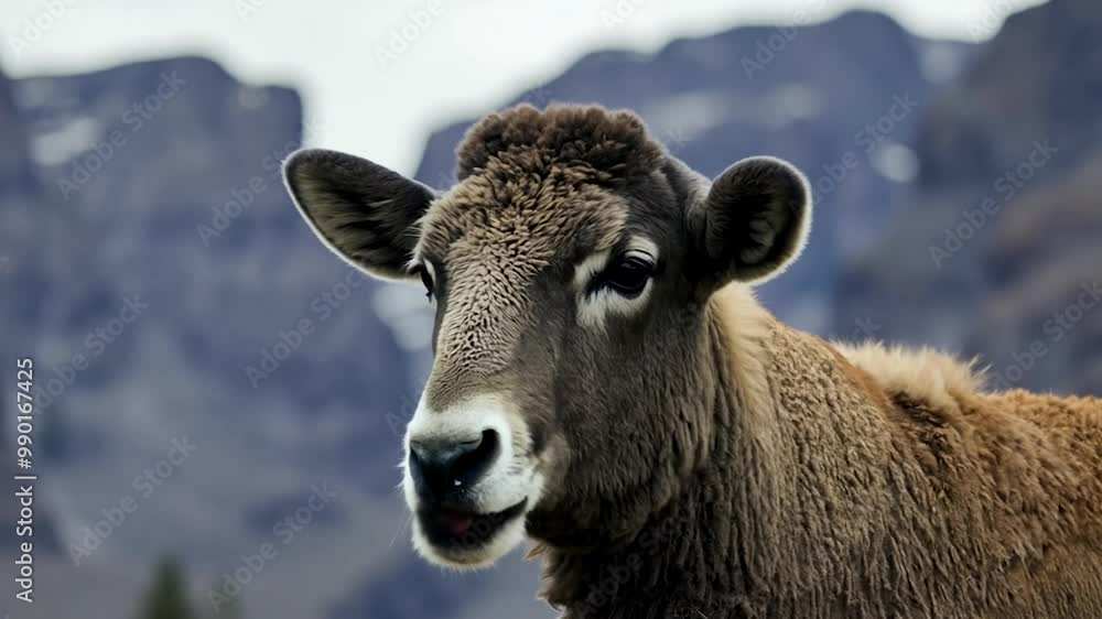 This sheep stands peacefully in a lush green meadow with rugged mountains in the background, showcasing its thick wool and gentle expression on a cool day This sheep stands peacefully in a lush green meadow with rugged mountains in the background, showcasing its thick wool and gentle expression on a cool day