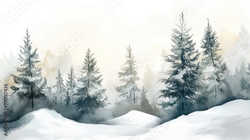 Alpine trees in the forest watercolor style illustration with winter color.