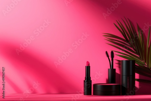 Cosmetics display with vibrant pink background, showcasing elegant lipsticks and other beauty products for a glamorous look. photo