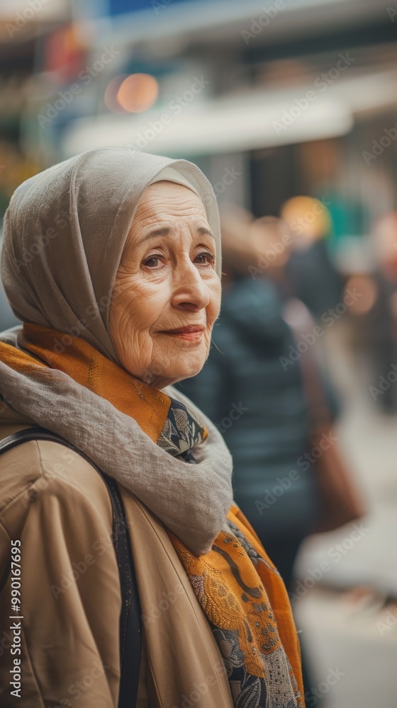 A woman wearing a scarf and a grey jacket is smiling A woman wearing a scarf and a grey jacket is smiling