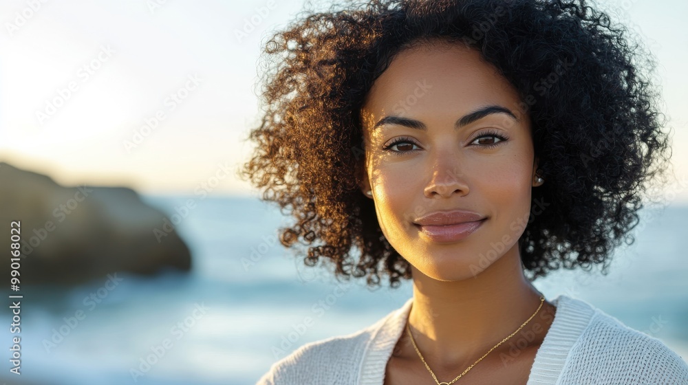 Woman with curly hair smiles confidently at the beach during golden hour, overlooking the waves and rocky shoreline Woman with curly hair smiles confidently at the beach during golden hour, overlooking the waves and rocky shoreline