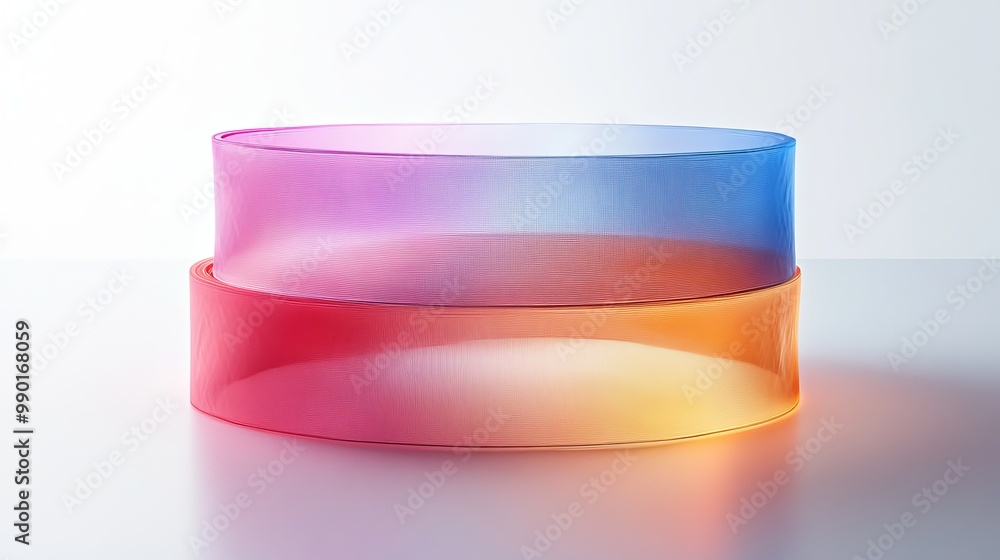 Fototapeta premium A bandage split into three layers, each layer glowing in holographic shades, floating above a white background, digital art, medical technology