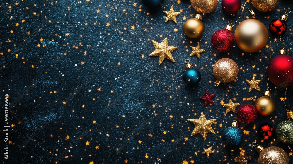 Christmas and New Year background concept with golden stars, snowflakes, and colorful balls on a dark surface, viewed from above Christmas and New Year background concept with golden stars, snowflakes, and colorful balls on a dark surface, viewed from above