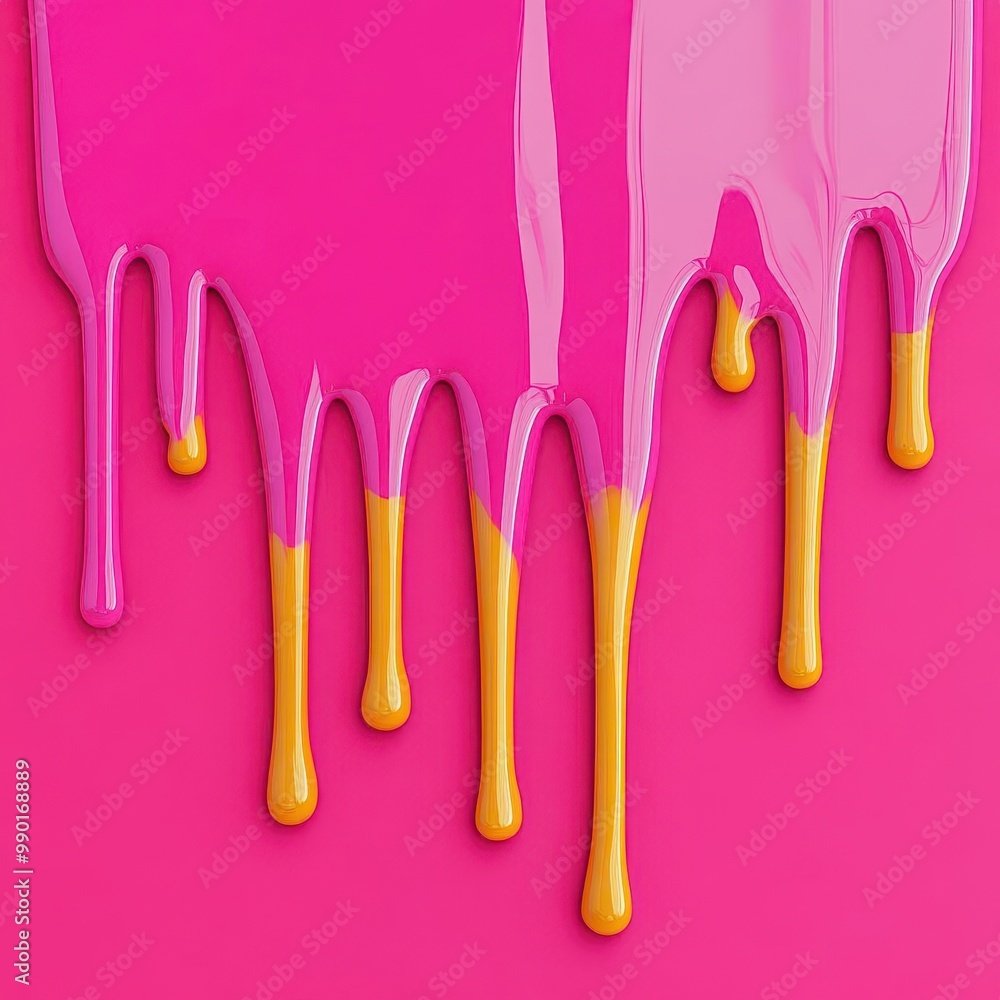 A vibrant advertisement using 3D liquid fonts that appear to drip and flow like paint, adding energy and movement
